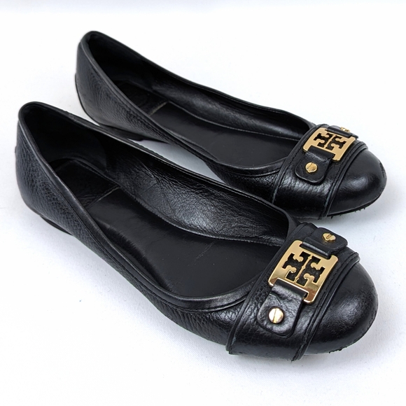 Tory Burch Ambrose Ballet Flats Leather Cap Toe Balletcore Preppy Black size 6.5 - Picture 1 of 10